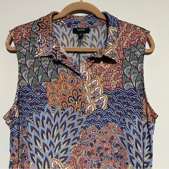 MSK Women’s XL Multicolor Paisley Button Front Sleeveless Shirt Dress - Picture 2 of 9